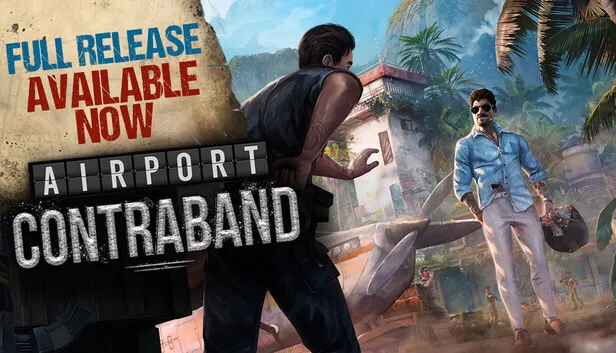 Official Airport Contraband Steam launch art with two characters at Caldora Airport