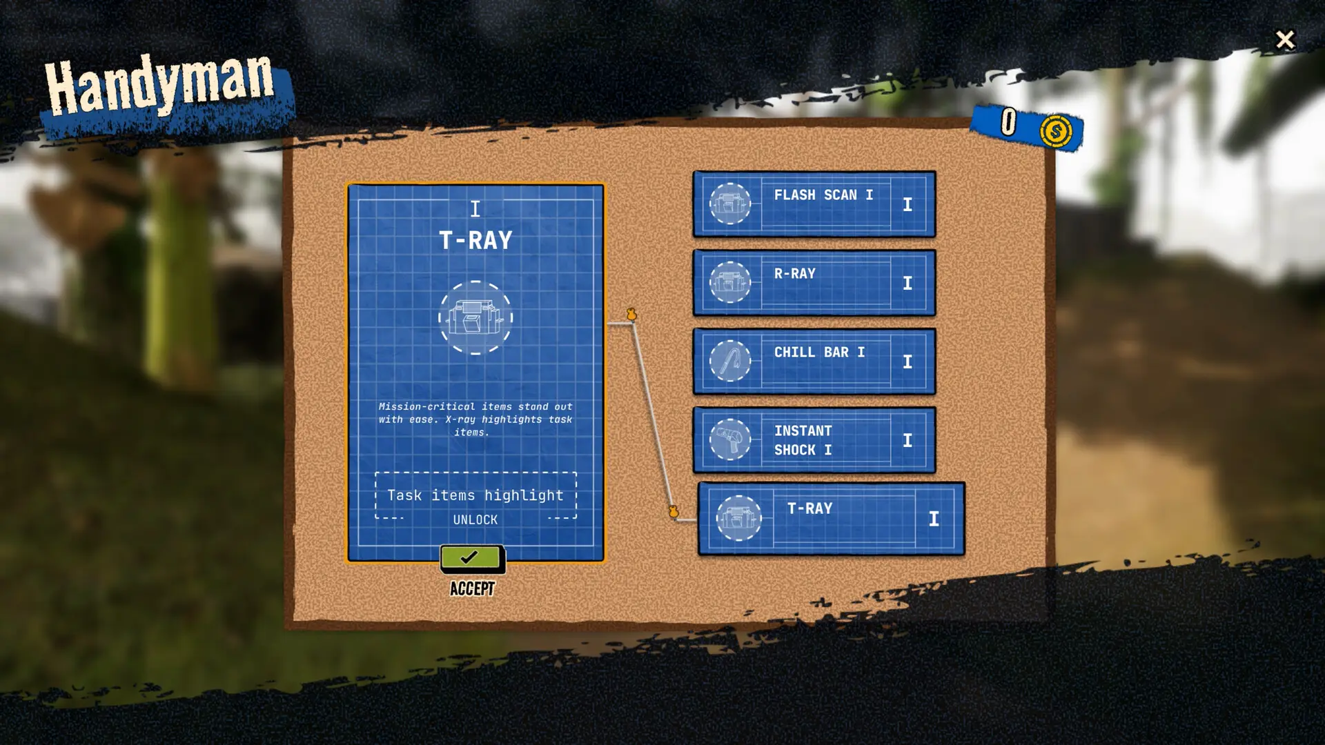 Handyman upgrade menu showing T-RAY, Flash Scan, R-RAY, Chill Bar, and Instant Shock.