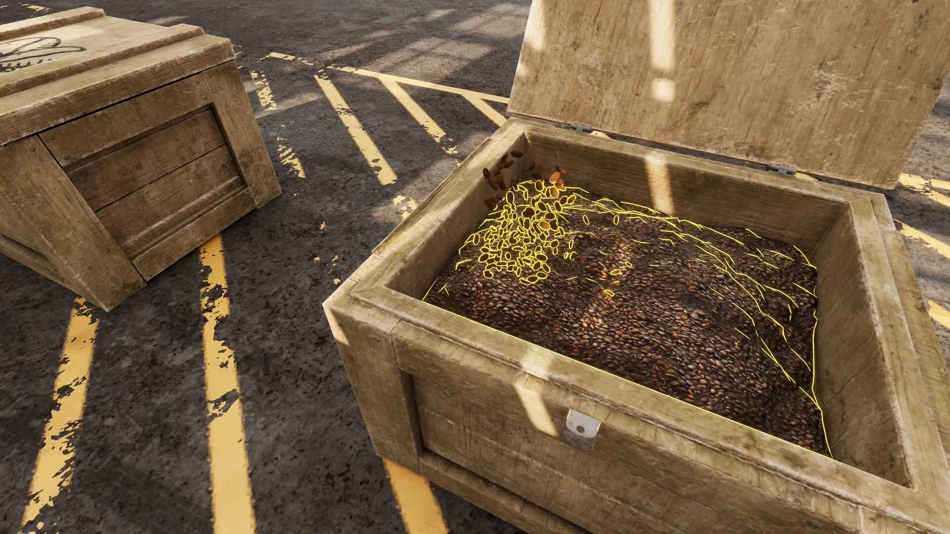 Coffee beans in a crate with a yellow outline on an unwanted object.